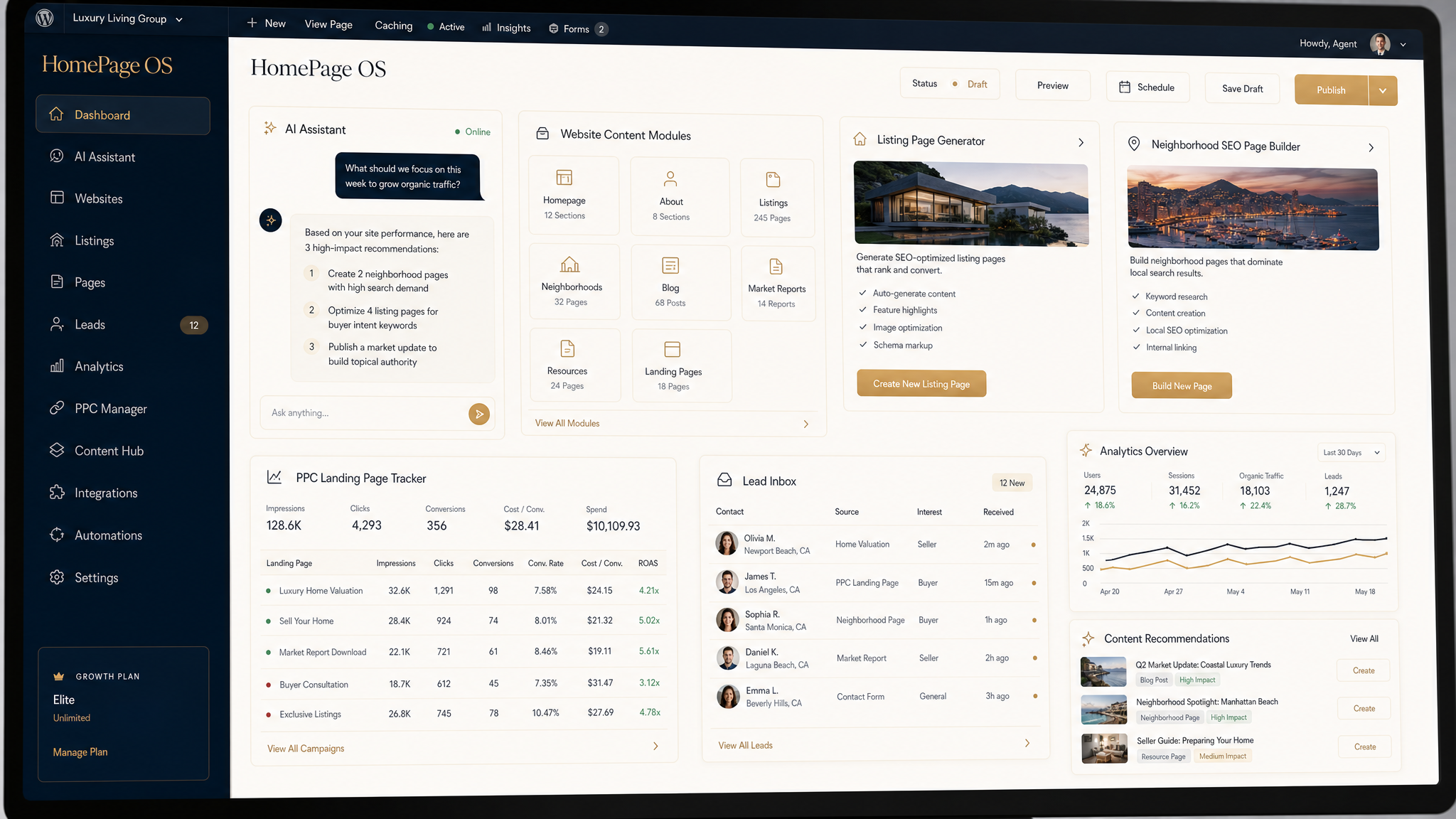 HomePage OS dashboard mockup for WordPress-based AI real estate website management