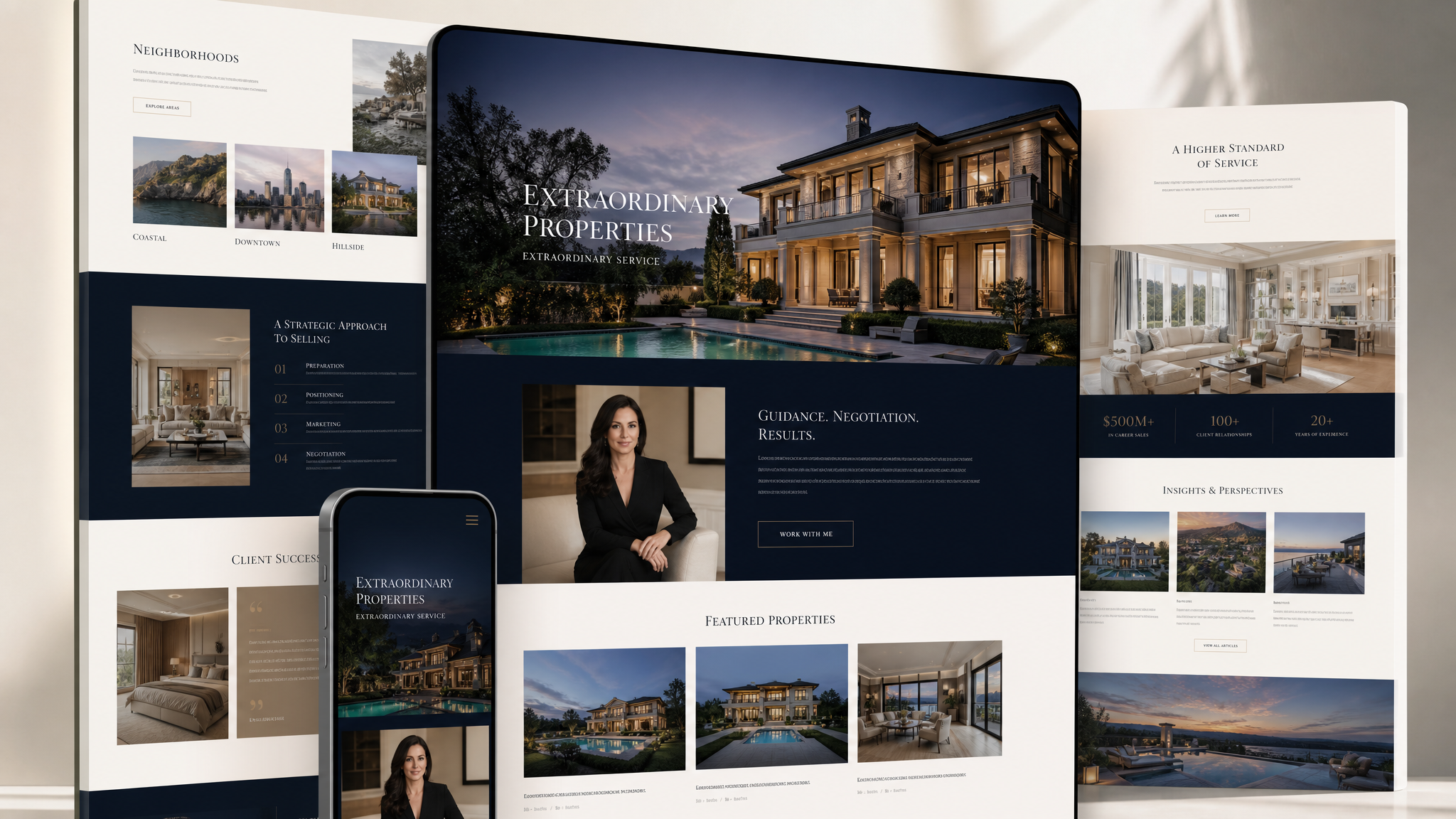 Luxury real estate agent website mockup with premium property imagery and refined listing pages