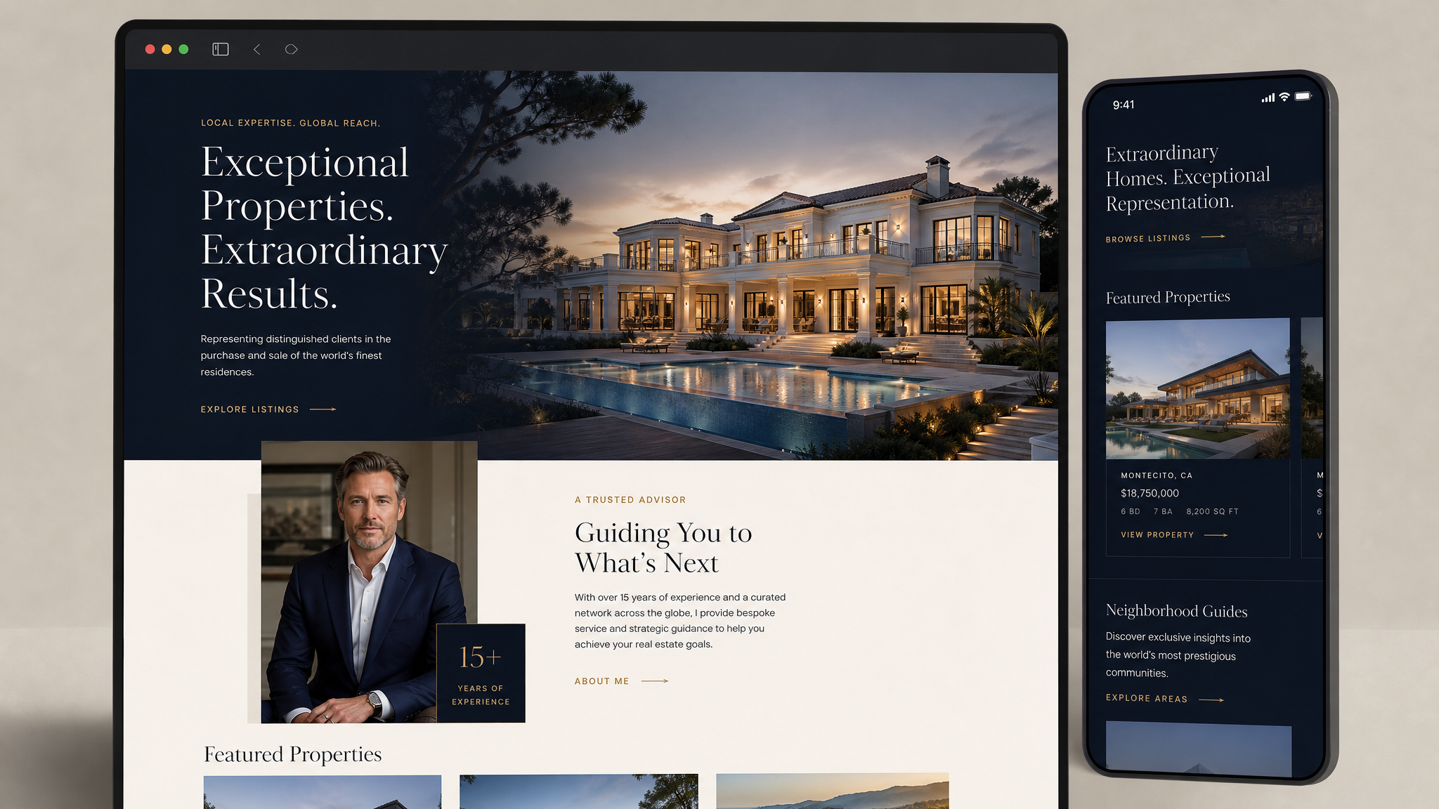 Single luxury real estate agent homepage mockup with mansion imagery and editorial property modules